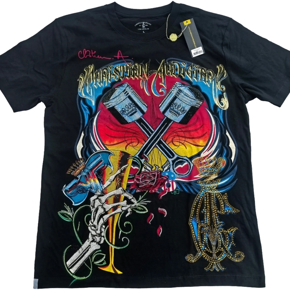 Christian Audigier VF and Rhinestones Print Short Sleeve T-Shirt.